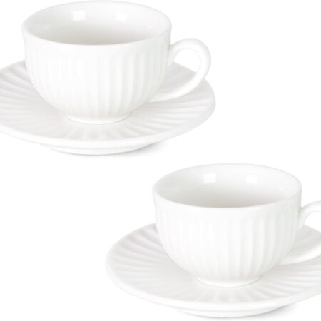 2 oz White Espresso Cups Set of 2, Ceramic Cappuccino Cups with Saucers, Durable Porcelain Tea Set & Modern Coffee Cup Collection, Coffee Lover Gifts