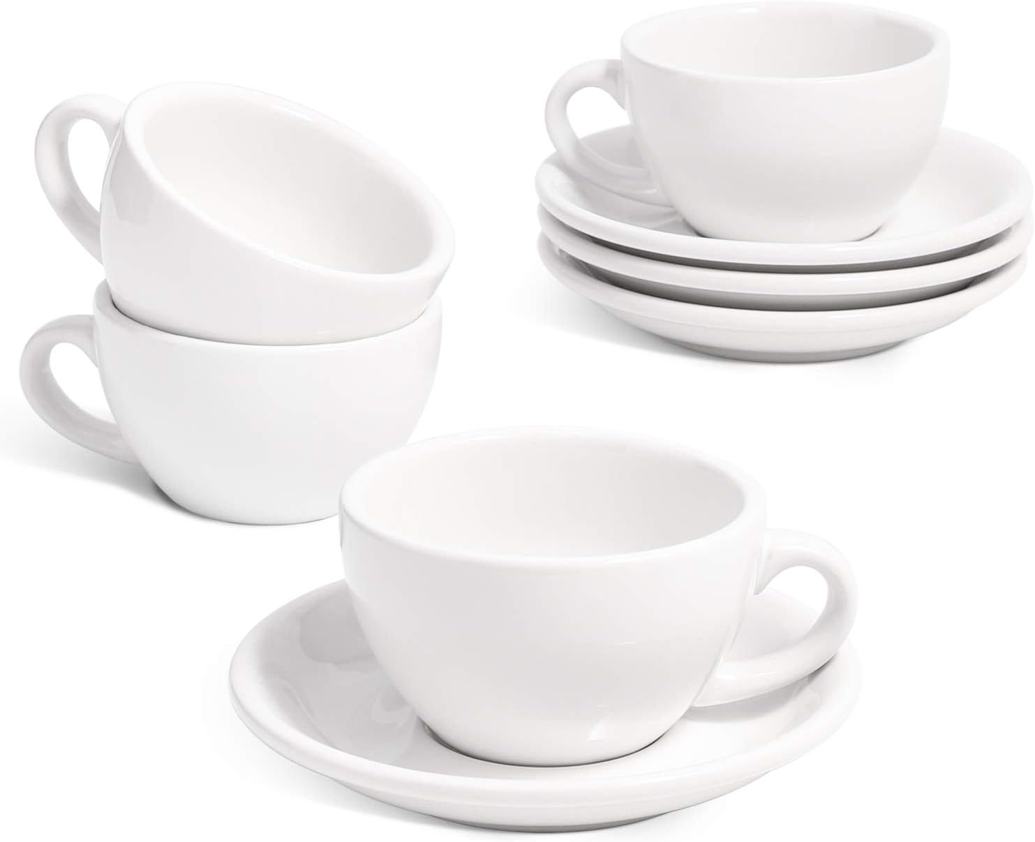 Cappuccino Cups with Saucers 6 oz, Set of 4 Ceramic Coffee Cup and Saucer Set for Latte, Au Lait, Flat White, Mocha, Tea, Embossed Coffee Cups, White