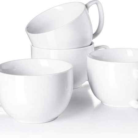 16oz Large Coffee Mugs Set of 4 - Thick White Porcelain Cups for Cappuccino, Latte, Tea & Hot Chocolate - Dishwasher Safe Ceramic with Comfort Grip Handles