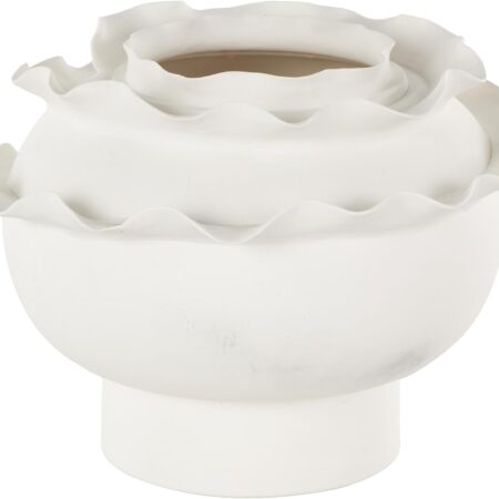 Ceramic Abstract Wide Rounded Floral  Vase with Layered Petals, 12" x 12" x 9", White