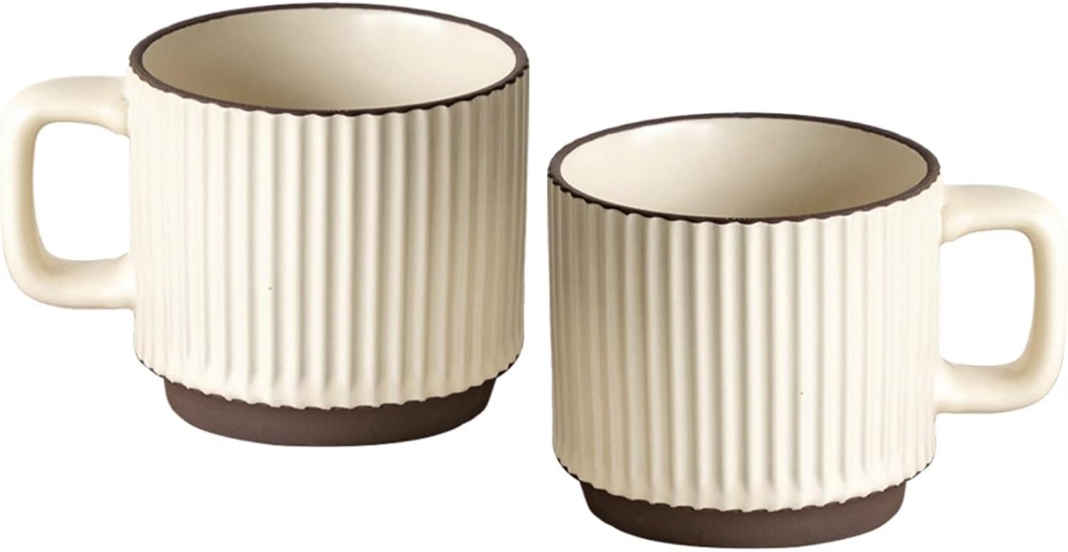 Stackable Coffee Mugs Set, Ceramic Espresso Cups for Au Lait, Cappuccino,Latte,Cafe,Mocha,Tea, Embossment Cups Suit For Housewarming Wedding- 8 oz, Set of 2,Beige&Brown