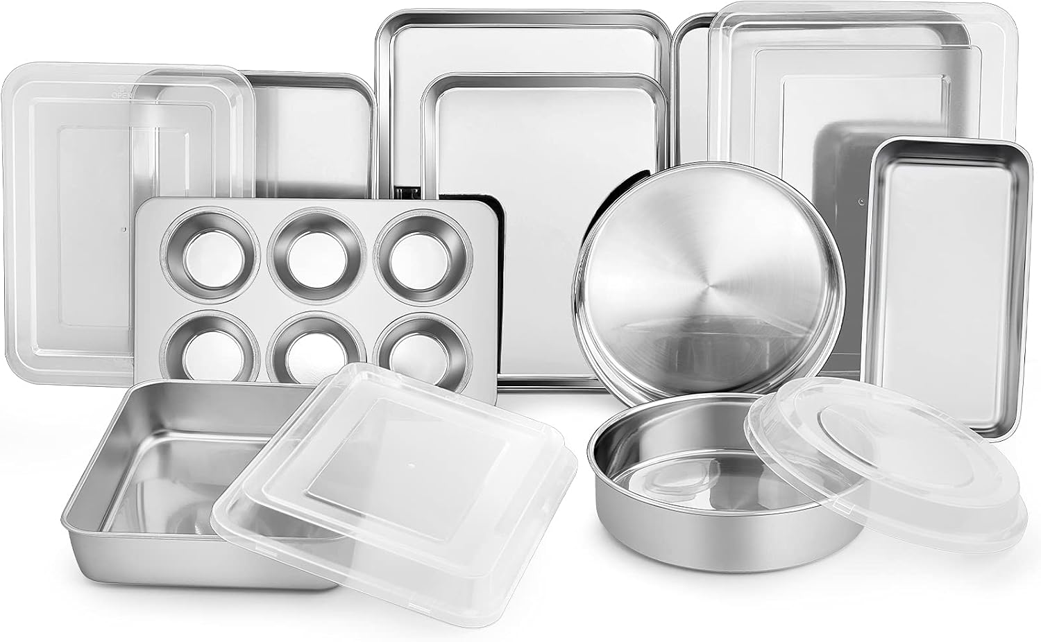 Stainless Steel Bakeware Set, 13-Piece Metal Baking Roasting Pans with Lid, Rectangular/Square/Round/Lasagna/Loaf/Muffin Cake Pans, Non-Toxic & Sturdy, Smooth & Dishwasher Safe