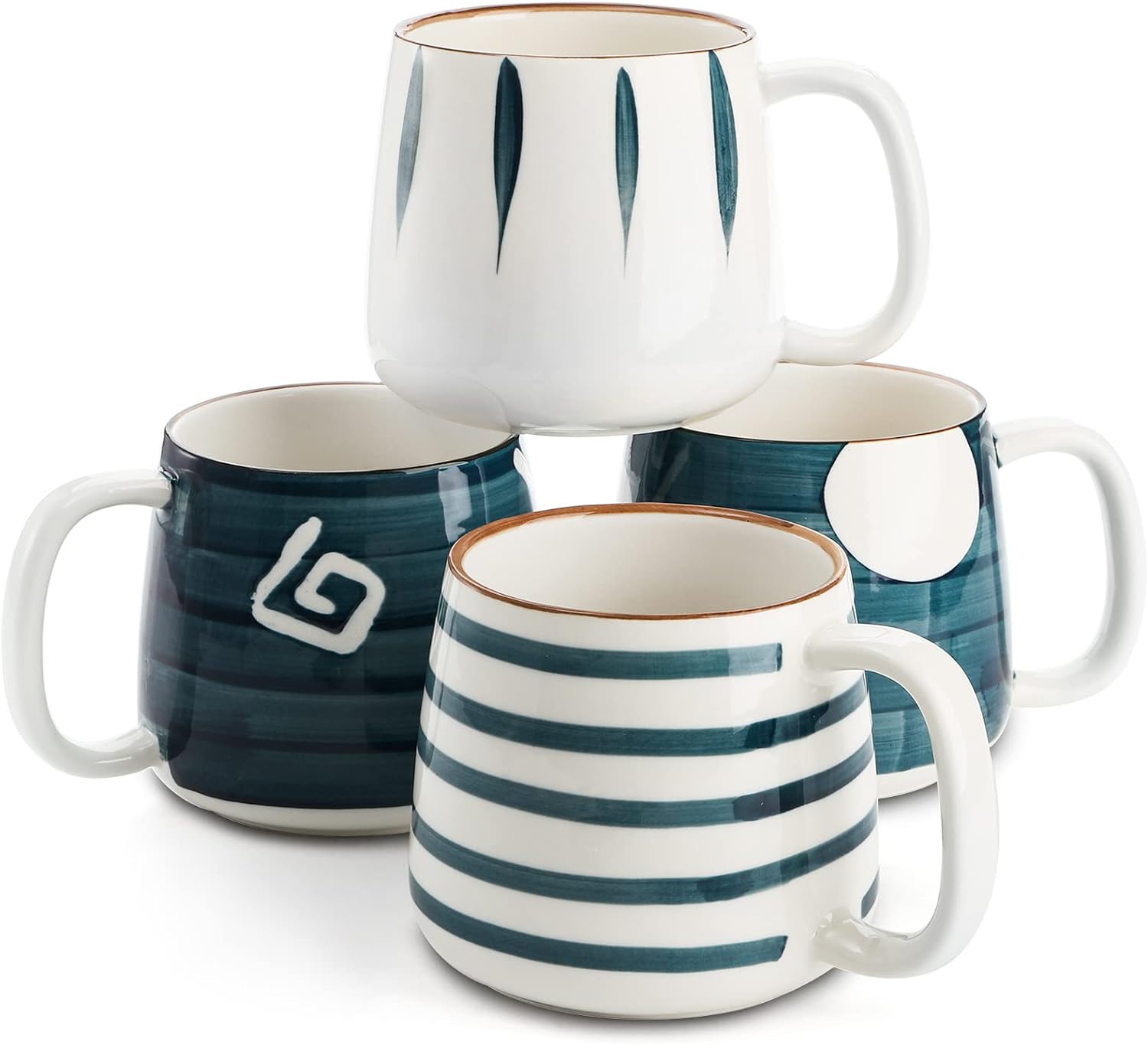 Set of 4 Porcelain Coffee Mugs, 17 Oz Ceramic Coffee Cups with Handles, Large Hand-Painted Tea Cups for Cappucino, Milk, Latte, Cocoa, Hot or Cold Drinks, Microwave & Dishwasher Safe