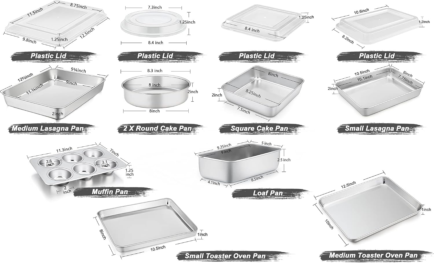 Stainless Steel Bakeware Set, 13-Piece Metal Baking Roasting Pans with Lid, Rectangular/Square/Round/Lasagna/Loaf/Muffin Cake Pans, Non-Toxic & Sturdy, Smooth & Dishwasher Safe - Image 2