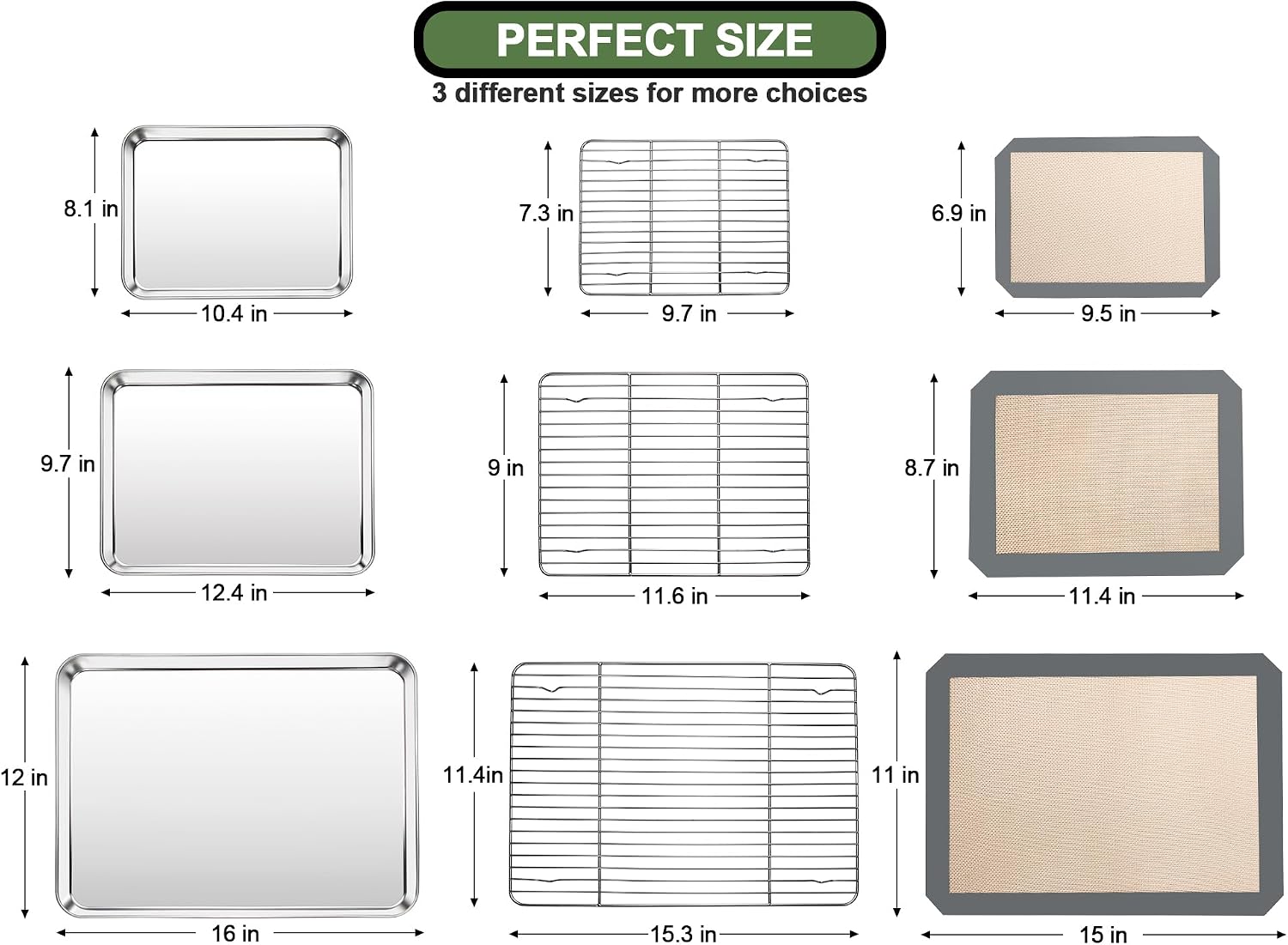 Baking Sheet Tray Cooling Rack with Silicone Mat Set, Stainless Steel Cookie Pan For Oven, Set of 9 (3 Sheets + 3 Racks Mats), Warp Resistant & Heavy Duty & Easy Clean, Grey - Image 2