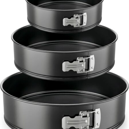3-Piece Nonstick Springform Pan Set - Premium Carbon Steel Cheesecake Pans with Stainless Steel Clasp - 6", 8", 10" Sizes, Oven Safe up to 450°F - Includes 300pcs Parchment Paper (Black)