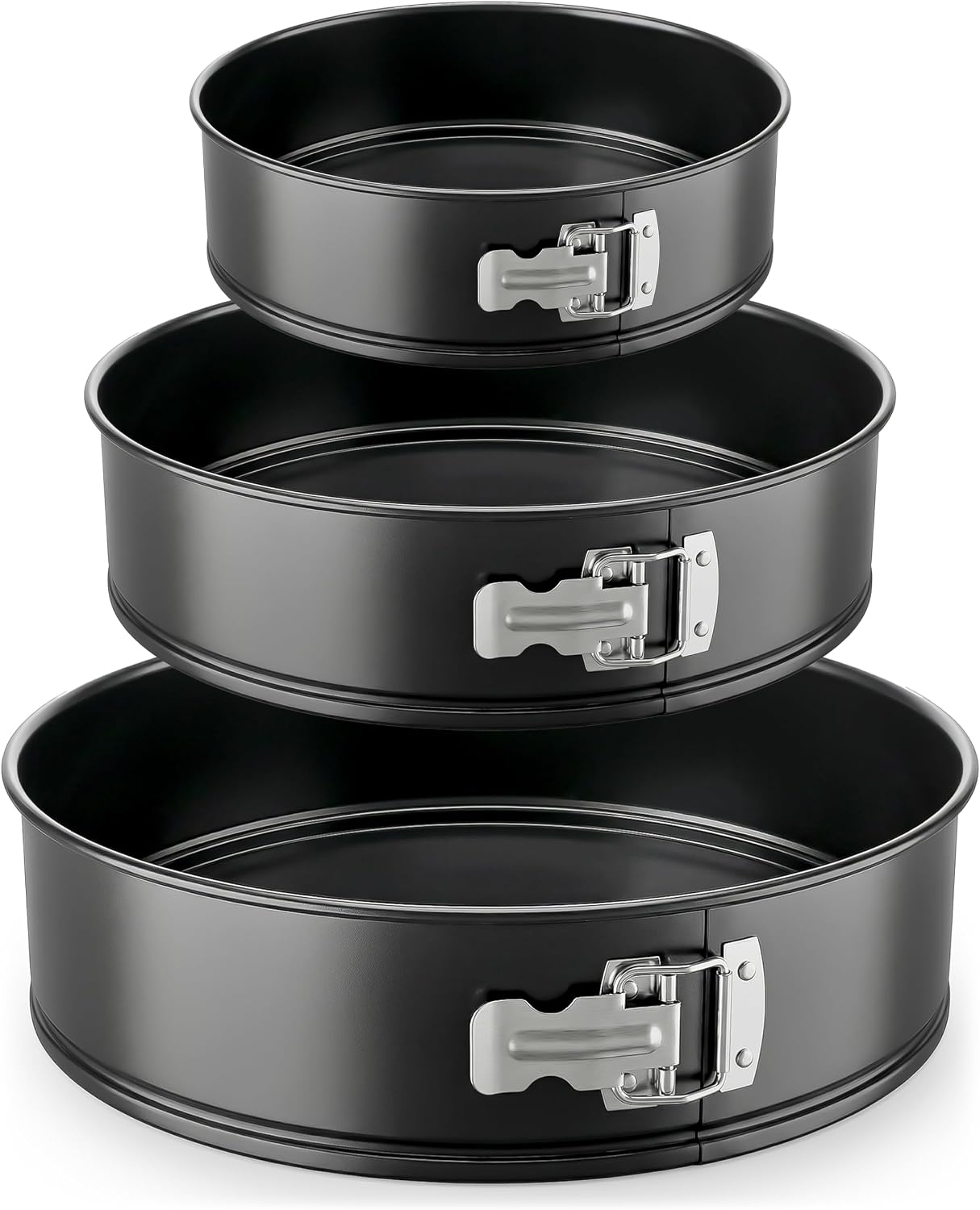 3-Piece Nonstick Springform Pan Set - Premium Carbon Steel Cheesecake Pans with Stainless Steel Clasp - 6", 8", 10" Sizes, Oven Safe up to 450°F - Includes 300pcs Parchment Paper (Black)