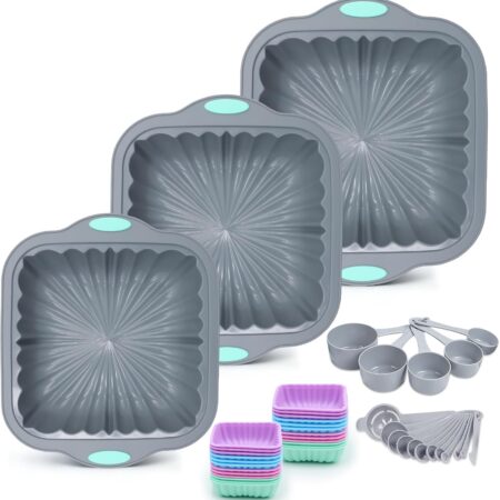 44 Pieces Silicone Square Cake Pans Set, 3 Sizes Silicone Fluted Cake Pan with Reusable Baking Cups, Food Grade Baking Molds for Brownie, Bread, Muffin, Light Grey