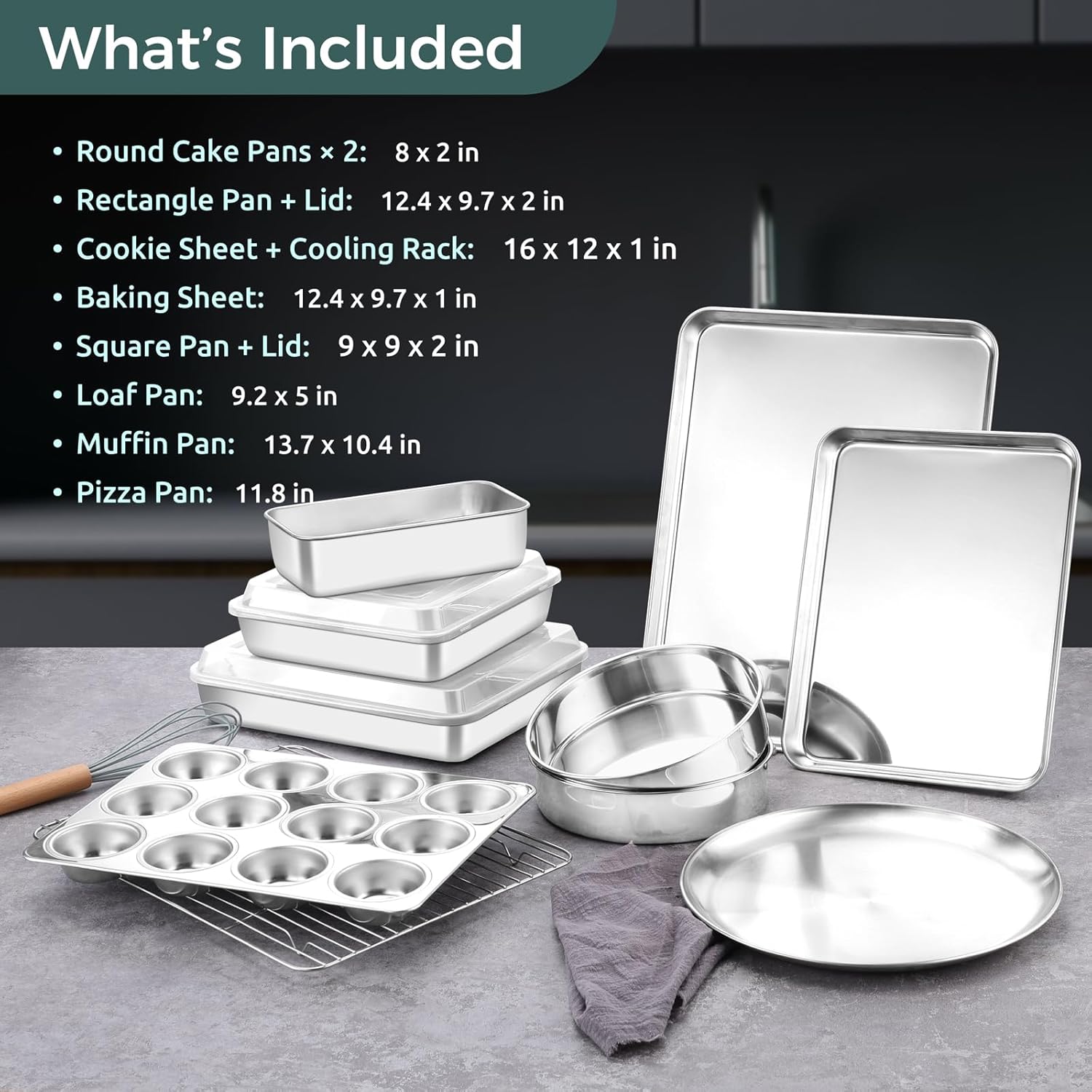 12-Piece Bakeware Sets, Stainless Steel Baking Pan Set Includes Cookie Sheet, Round Square Rectangle Cake Pans with Lids, Multi-Functional for Loaf Muffin Pizza, Non-toxic & Dishwasher Safe - Image 2