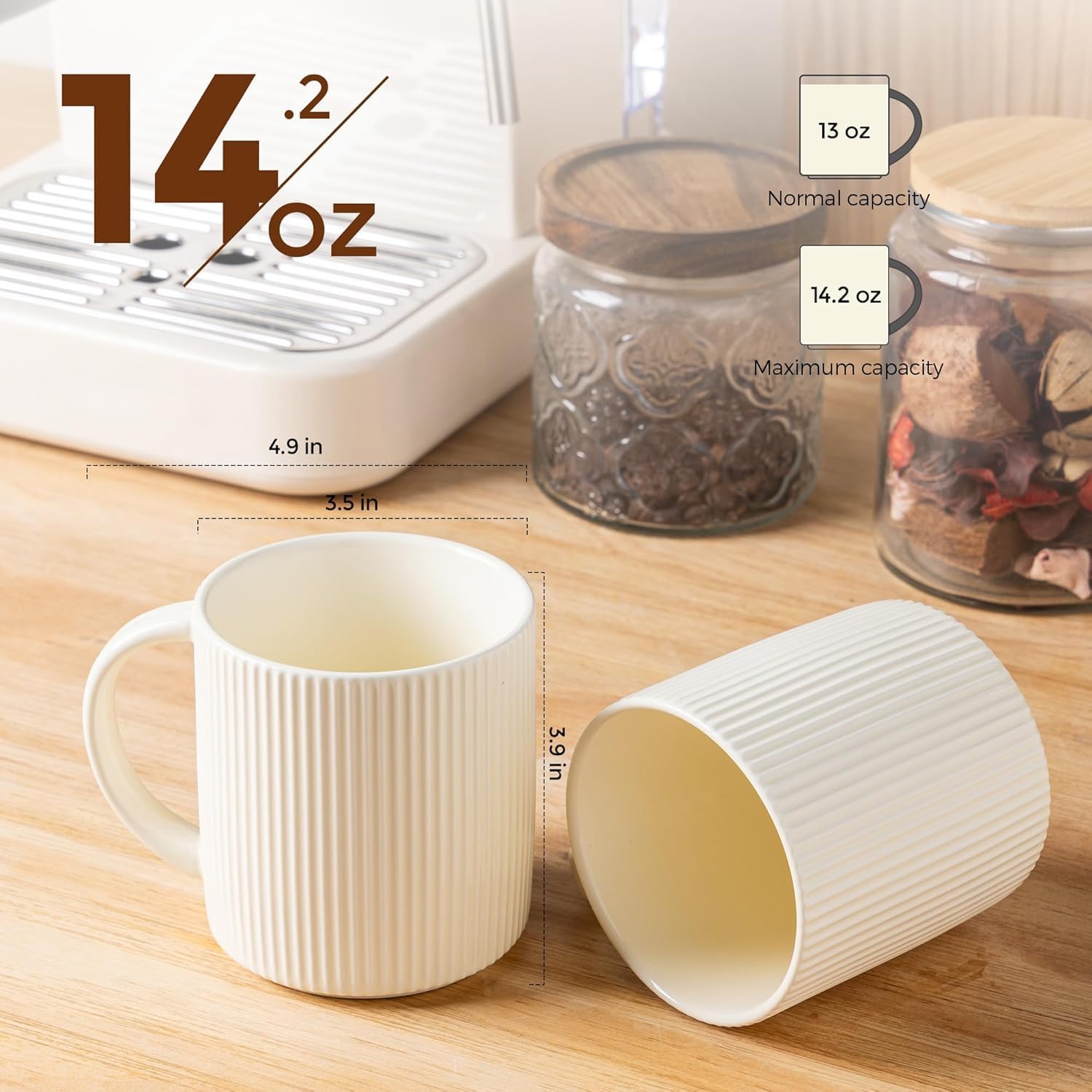 Ceramic Coffee Mugs Set of 4, 14.2oz Handmade Coffee Cups with Handle for Latte, Tea, Milk, Beer, Hot Cocoa, Beige - Image 2