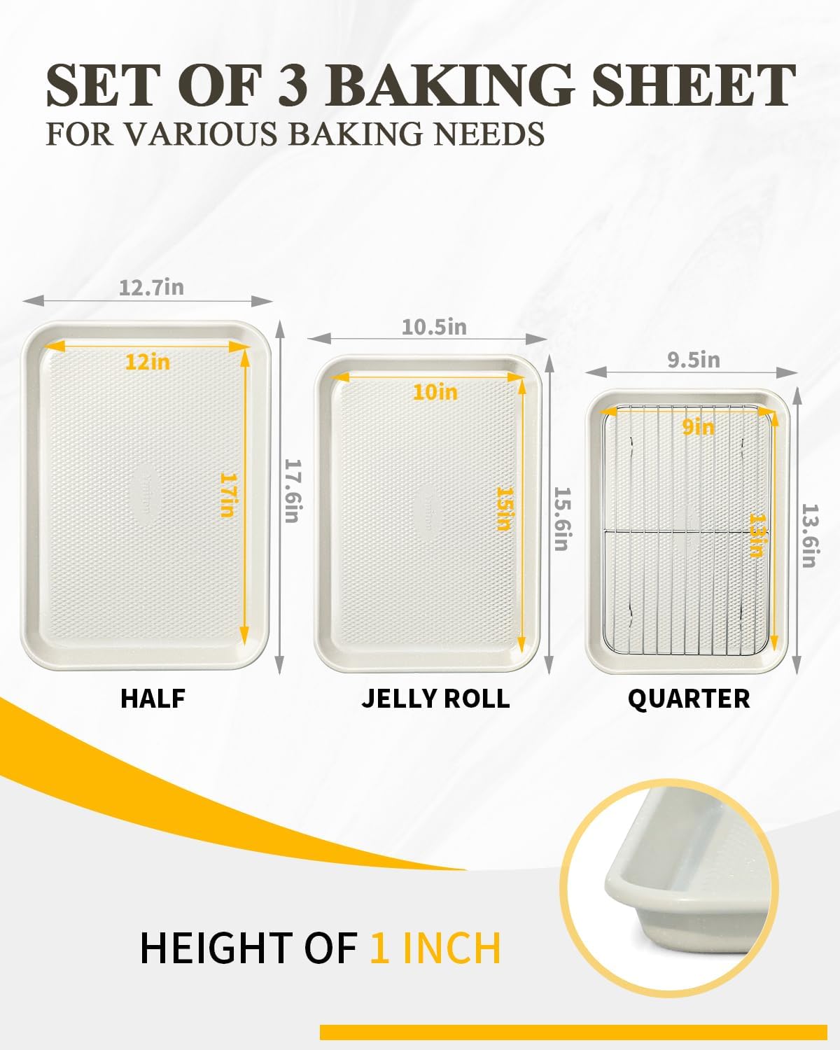 3-Piece Baking Sheet Set with Wire Rack - Half/Quarter/Jelly Roll Pans (12x17/9x13/10x15 Inch), Nonstick 0.8mm Carbon Steel, Cookie Sheets for Baking, Dishwasher Safe, Oven Safe 450°F - Image 2