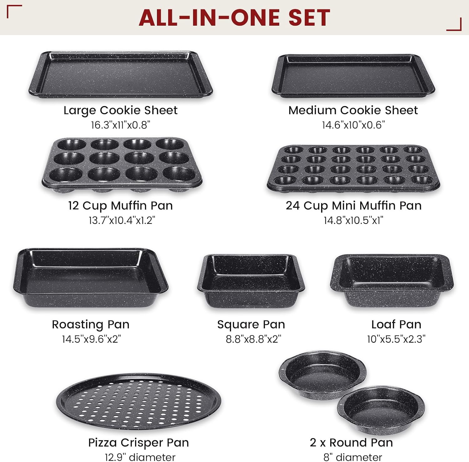 10-Piece Baking Pans Set, Bakeware Sets Nonstick, Baking Set for Oven Cooking, Stackable Carbon Steel Set Include Cookie Sheets, Muffin Pan, Cake Pan, Pizza Pan, Loaf Pan, Roasting Pan, Black - Image 2