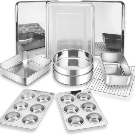 Bakeware Sets of 11, Stainless Steel Baking Pans Set, Includes Baking Sheets and Rack, Lasagna Pan with Lid, Round/Square Cake Pan, Muffin Pans, Loaf Pan, Reusable & Durable