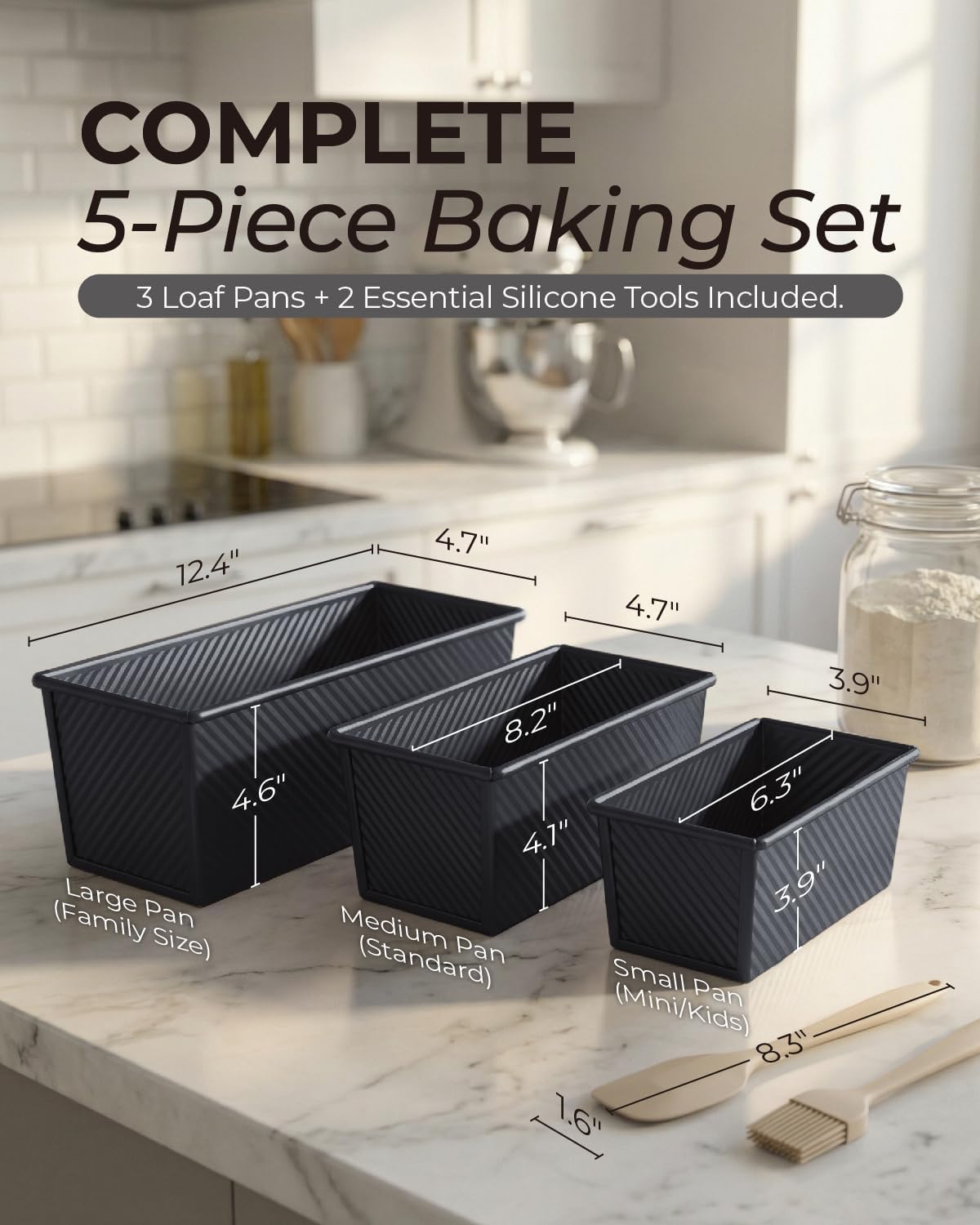 3-Piece Pullman Loaf Pan with Lid Set – Non-Stick Carbon Steel Bread Pan with Bottom Vents – Includes Large (12.4"), Medium (8.2") & Mini (6.3") Sizes plus Silicone Tools – Classic Black - Image 2