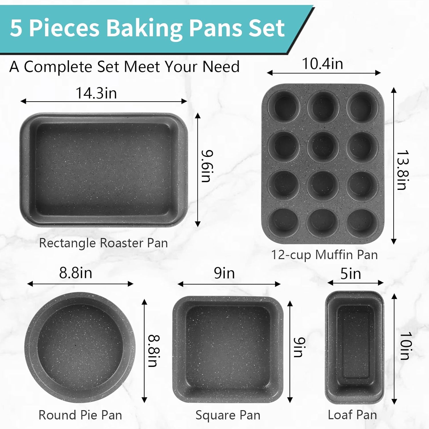 Baking Pans Set, 5 Piece Grey Marble Nonstick Bakeware with 100 Cupcake Liners – Stackable Carbon Steel Set for Small Kitchens, Apartments, Home Baking and Gifts - Image 2