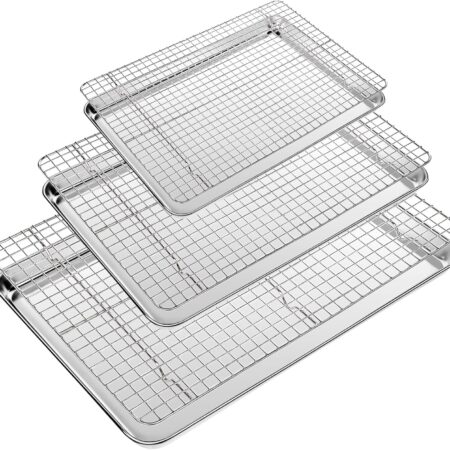 Baking Sheet with Wire Rack Set of 6 (3 Cookie Sheets for baking + 3 Cooking Racks), Stainless Steel Stainless Steel Baking Pans Set with Cooling Rack - Heavy Duty & Dishwasher Safe