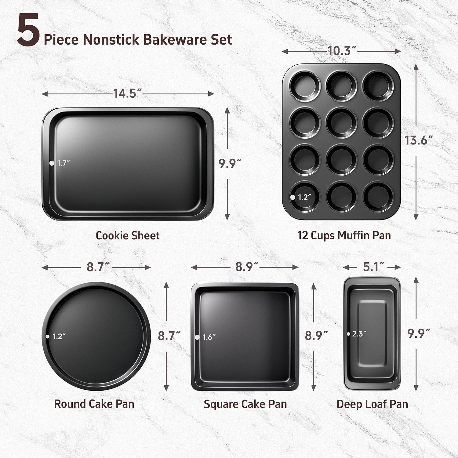 Baking Pans Set, 5-Piece Nonstick Bakeware Sets with Round/Square Cake Pan, Muffin Loaf Roast Pan, Baking Sheets for Oven, Kitchen Cookware Sets Baking Tray Baking Supplies, Black - Image 2