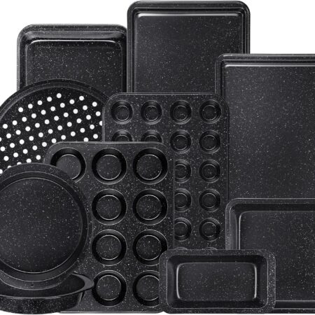 10-Piece Baking Pans Set, Bakeware Sets Nonstick, Baking Set for Oven Cooking, Stackable Carbon Steel Set Include Cookie Sheets, Muffin Pan, Cake Pan, Pizza Pan, Loaf Pan, Roasting Pan, Black