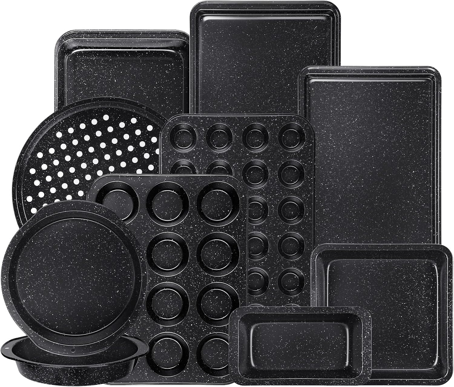 10-Piece Baking Pans Set, Bakeware Sets Nonstick, Baking Set for Oven Cooking, Stackable Carbon Steel Set Include Cookie Sheets, Muffin Pan, Cake Pan, Pizza Pan, Loaf Pan, Roasting Pan, Black