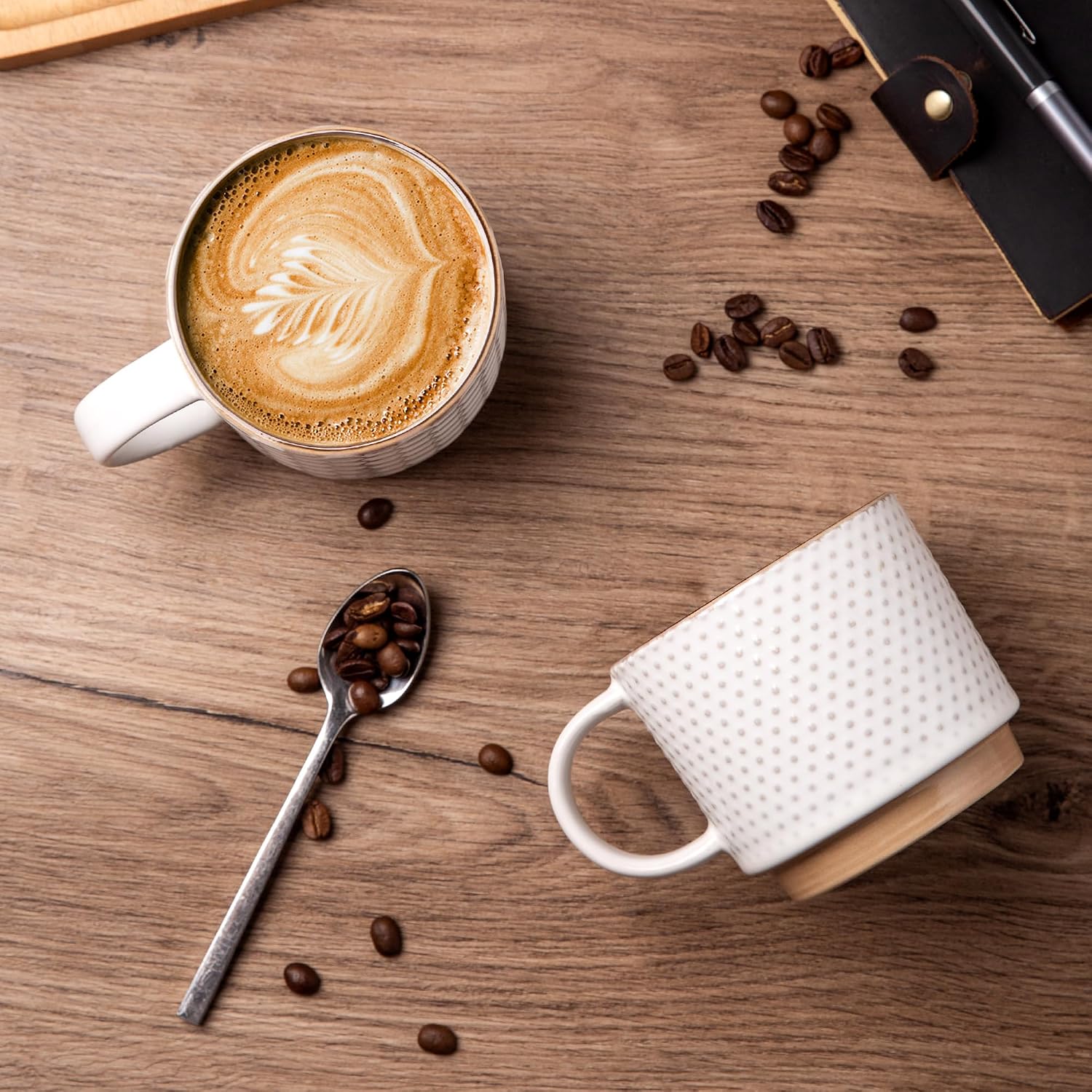 12OZ Stackable Coffee Mugs, Ceramic Coffee Mugs with Texture Patterns for Man,Woman,Dad,Mom, Modern Coffee Mugs Set of 4 for Latte/Cappuccino/Cocoa. Dishwasher&Microwave Safe, Off White - Image 2