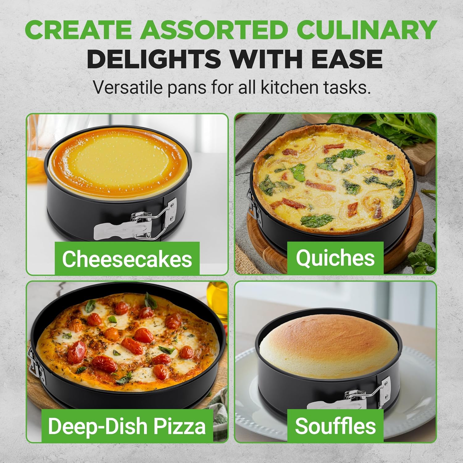 3-Piece Nonstick Springform Pan Set - Premium Carbon Steel Cheesecake Pans with Stainless Steel Clasp - 6", 8", 10" Sizes, Oven Safe up to 450°F - Includes 300pcs Parchment Paper (Black) - Image 2